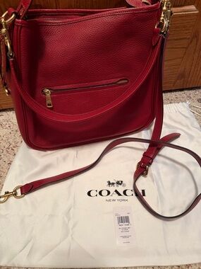 Coach Red Cary Pebbled Leather Shoulder Bag with Gold Hardware